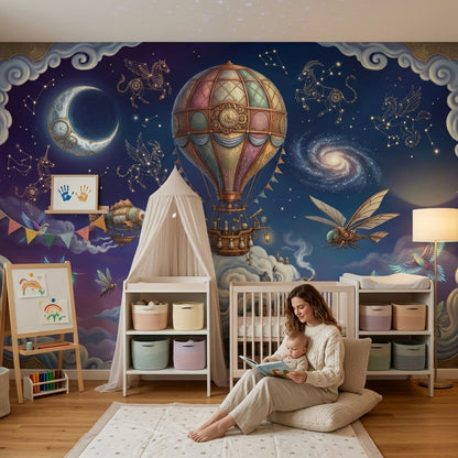 Fantasy Wall Mural Hot Air Balloon Space Sky Wallpaper Steampunk Galaxy Wall Decor Design