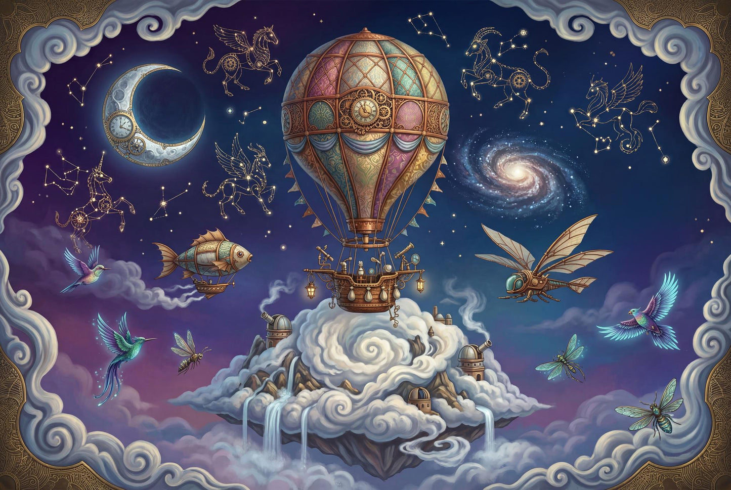Fantasy Wall Mural Hot Air Balloon Space Sky Wallpaper Steampunk Galaxy Wall Decor Design