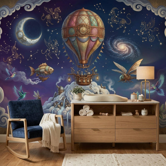 Fantasy Wall Mural Hot Air Balloon Space Sky Wallpaper Steampunk Galaxy Wall Decor Design