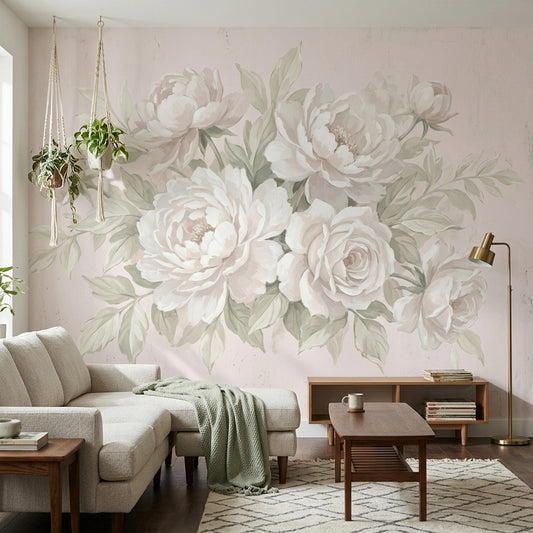 Blush Rose Bouquet Mural Soft Pink Botanical Wall Art Elegant Cottage Decor