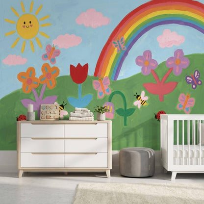 Hand Painted Style Wall Mural Rainbow Sun Kids Room Creative Playroom Wall Art Design