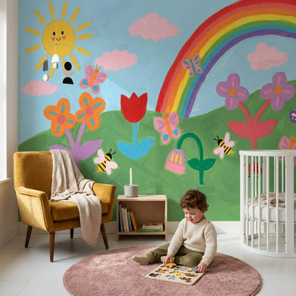 Hand Painted Style Wall Mural Rainbow Sun Kids Room Creative Playroom Wall Art Design
