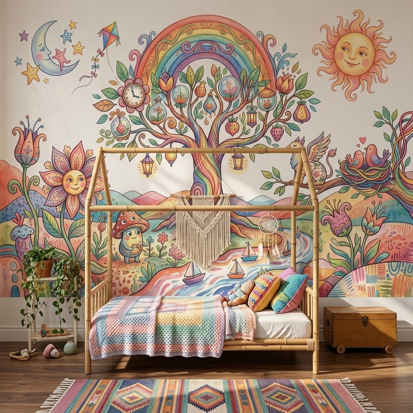 Whimsical Fantasy Tree Mural Colorful Storybook Wall Art Dreamy Landscape Wallpaper