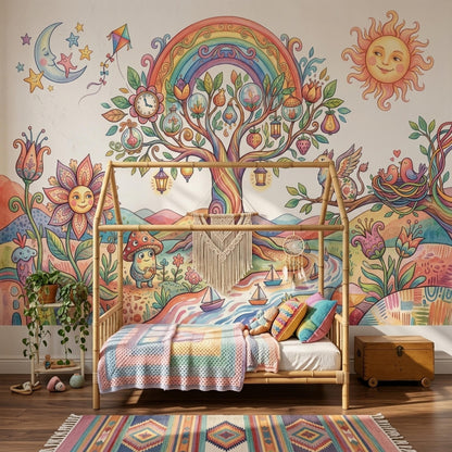 Whimsical Fantasy Tree Mural Colorful Storybook Wall Art Dreamy Landscape Wallpaper