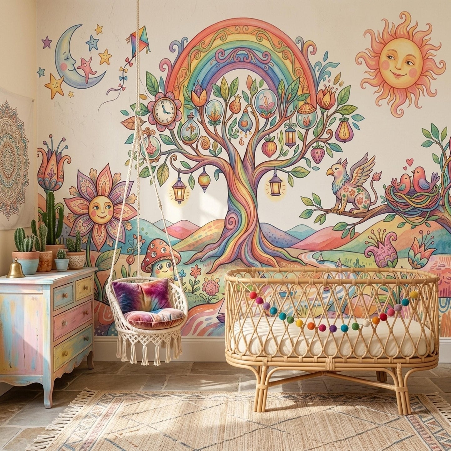 Whimsical Fantasy Tree Mural Colorful Storybook Wall Art Dreamy Landscape Wallpaper