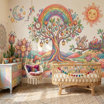 Whimsical Fantasy Tree Mural Colorful Storybook Wall Art Dreamy Landscape Wallpaper