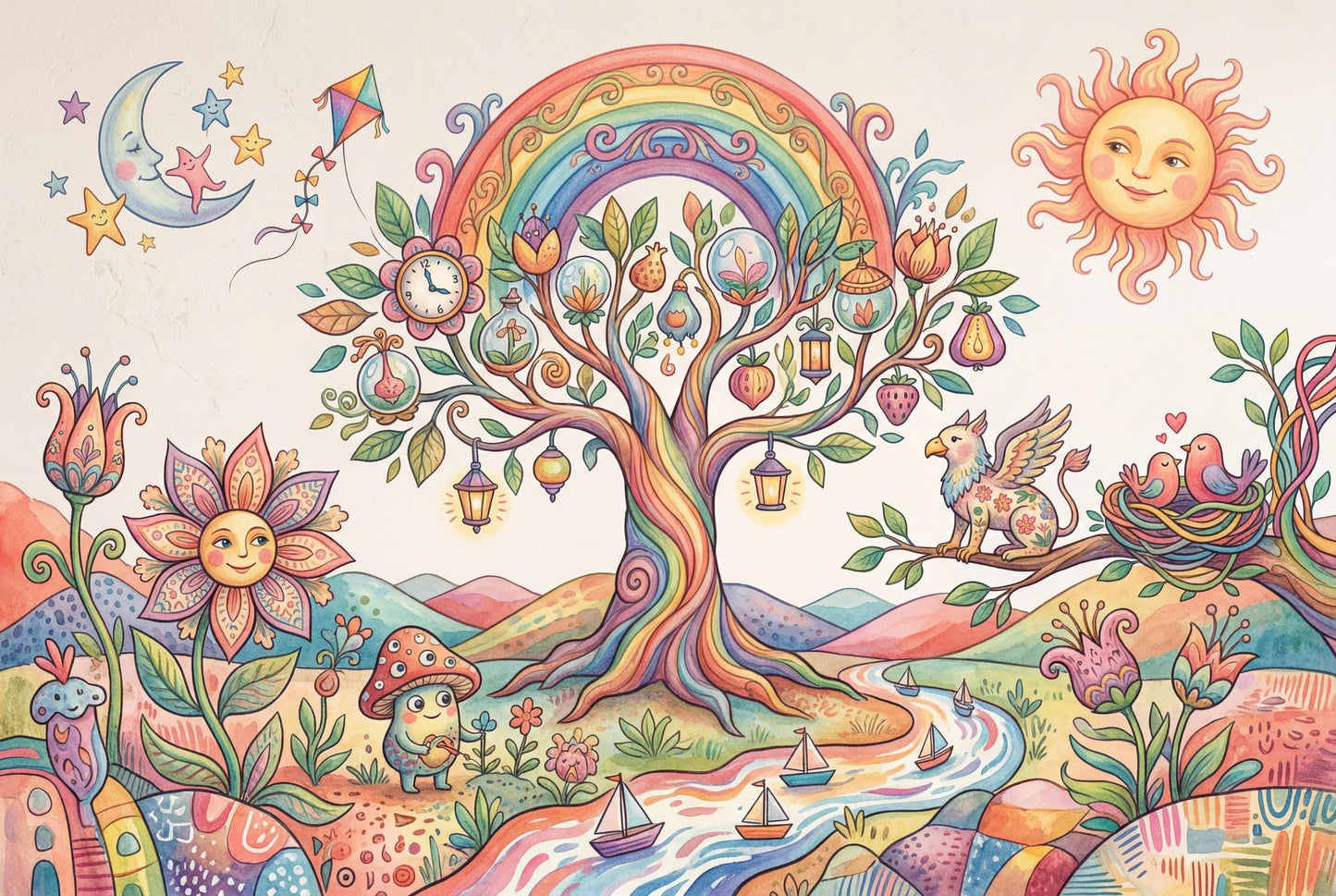 Whimsical Fantasy Tree Mural Colorful Storybook Wall Art Dreamy Landscape Wallpaper