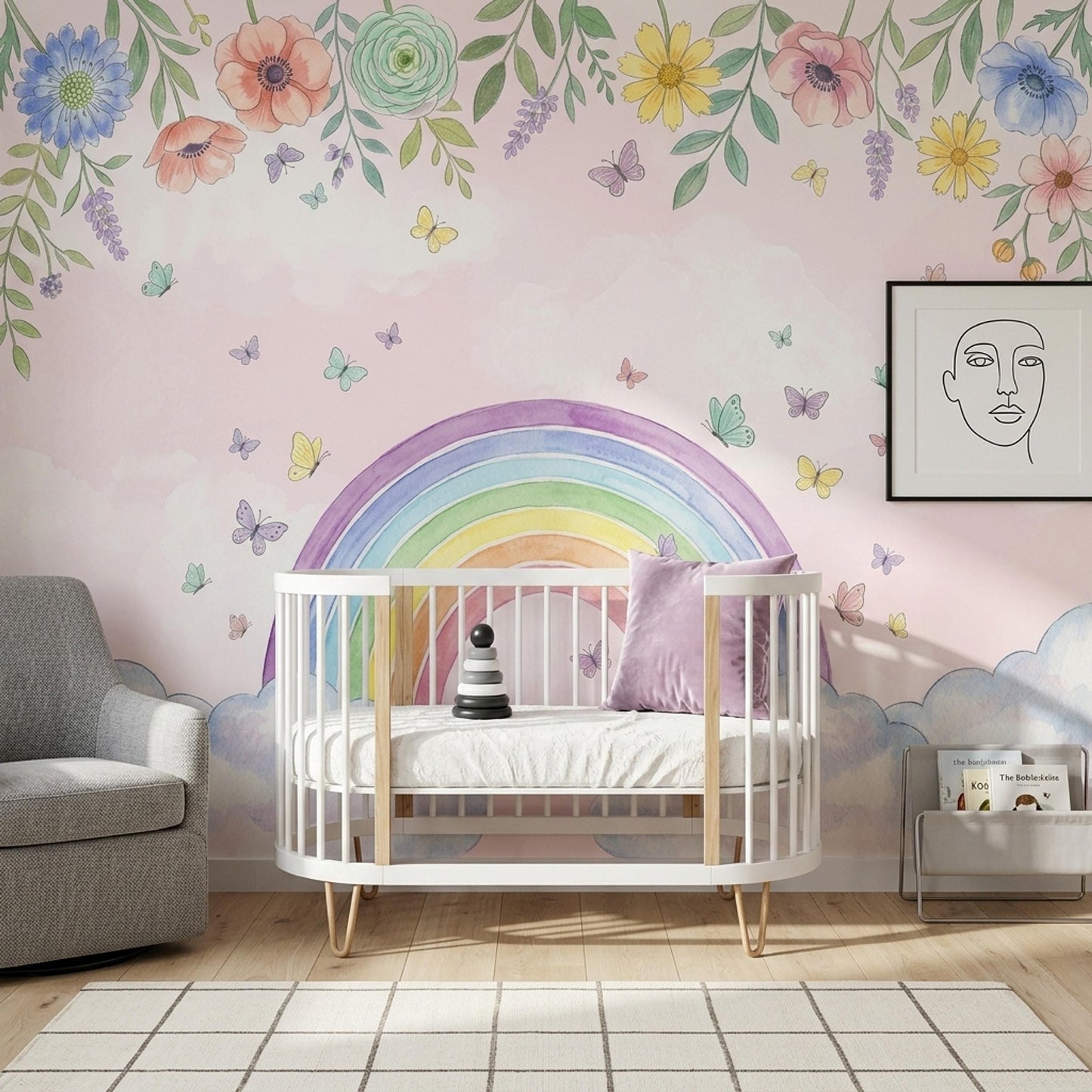 Rainbow Wall Mural Floral Butterfly Cloud Wallpaper Pastel Nursery Wall Decor