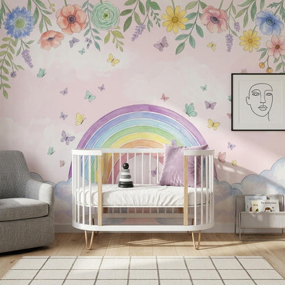 Rainbow Wall Mural Floral Butterfly Cloud Wallpaper Pastel Nursery Wall Decor