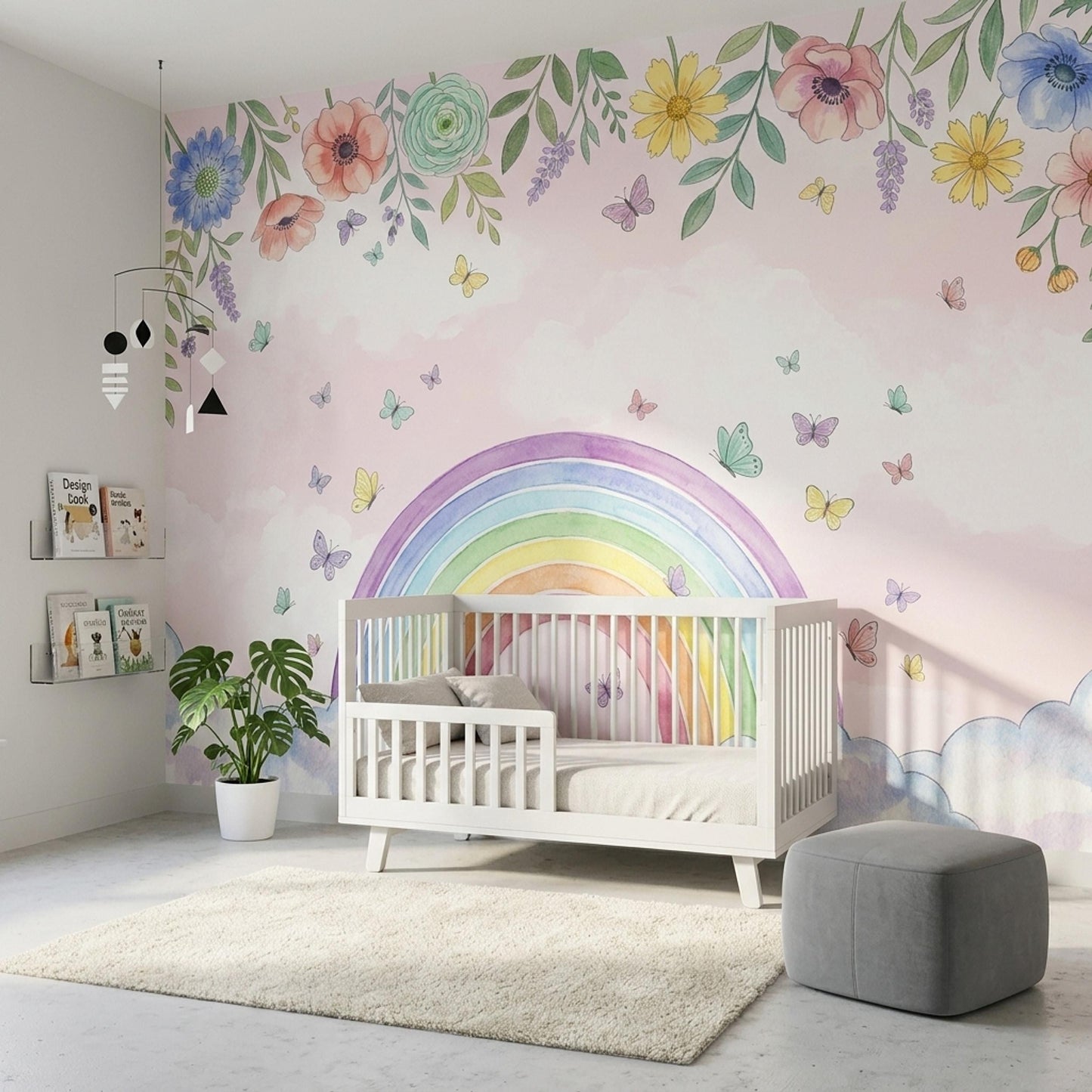 Rainbow Wall Mural Floral Butterfly Cloud Wallpaper Pastel Nursery Wall Decor