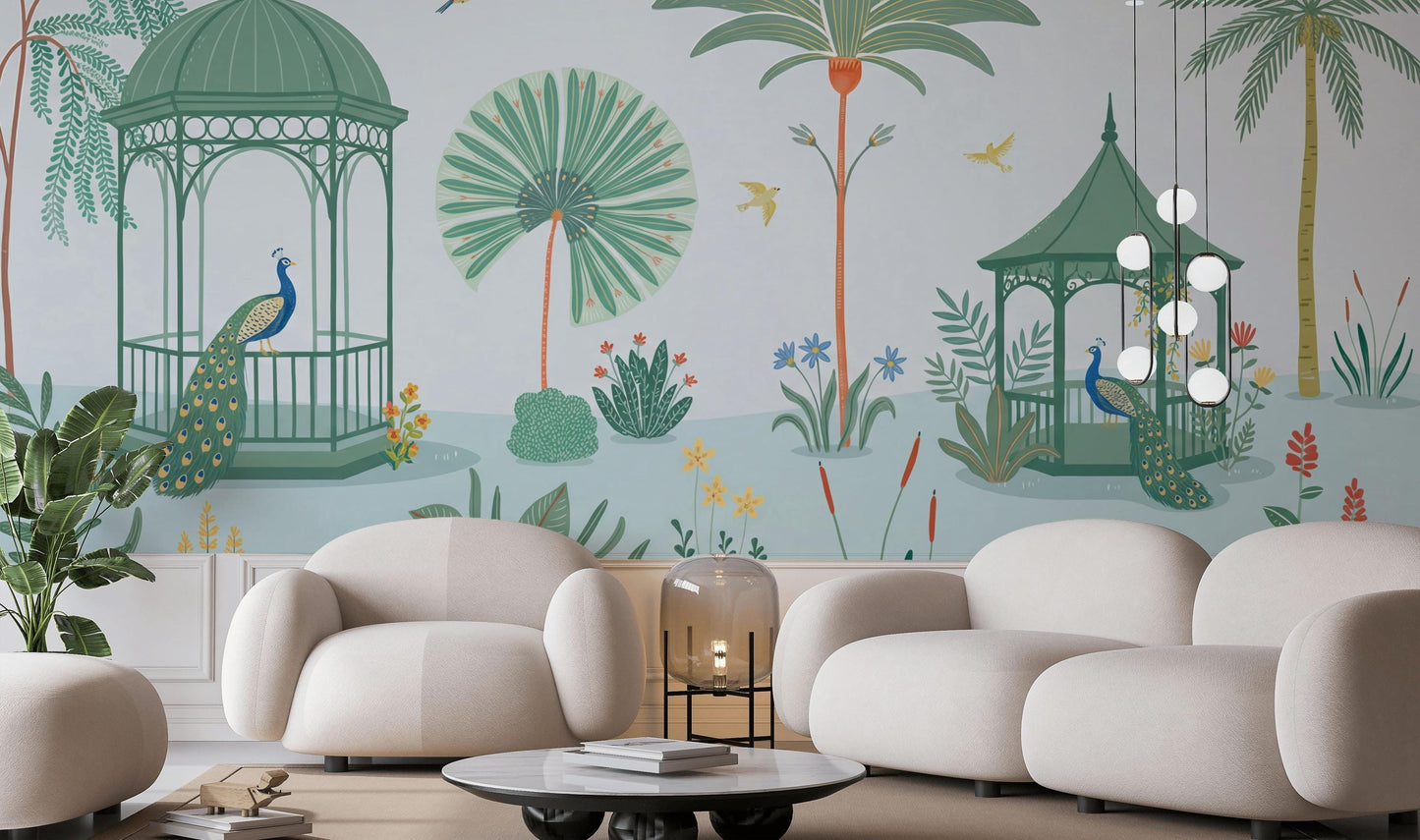 Gazebo Pavilion Wallpaper Garden Landscape Tropical Foliage Wall Mural