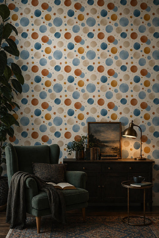 Watercolor Polka Dot Wallpaper Pattern Blue Orange Beige Circle Wall Decor Peel and Stick