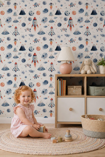 Watercolor Space Wallpaper Pattern Rocket Planet Galaxy Kids Nursery Wall Decor