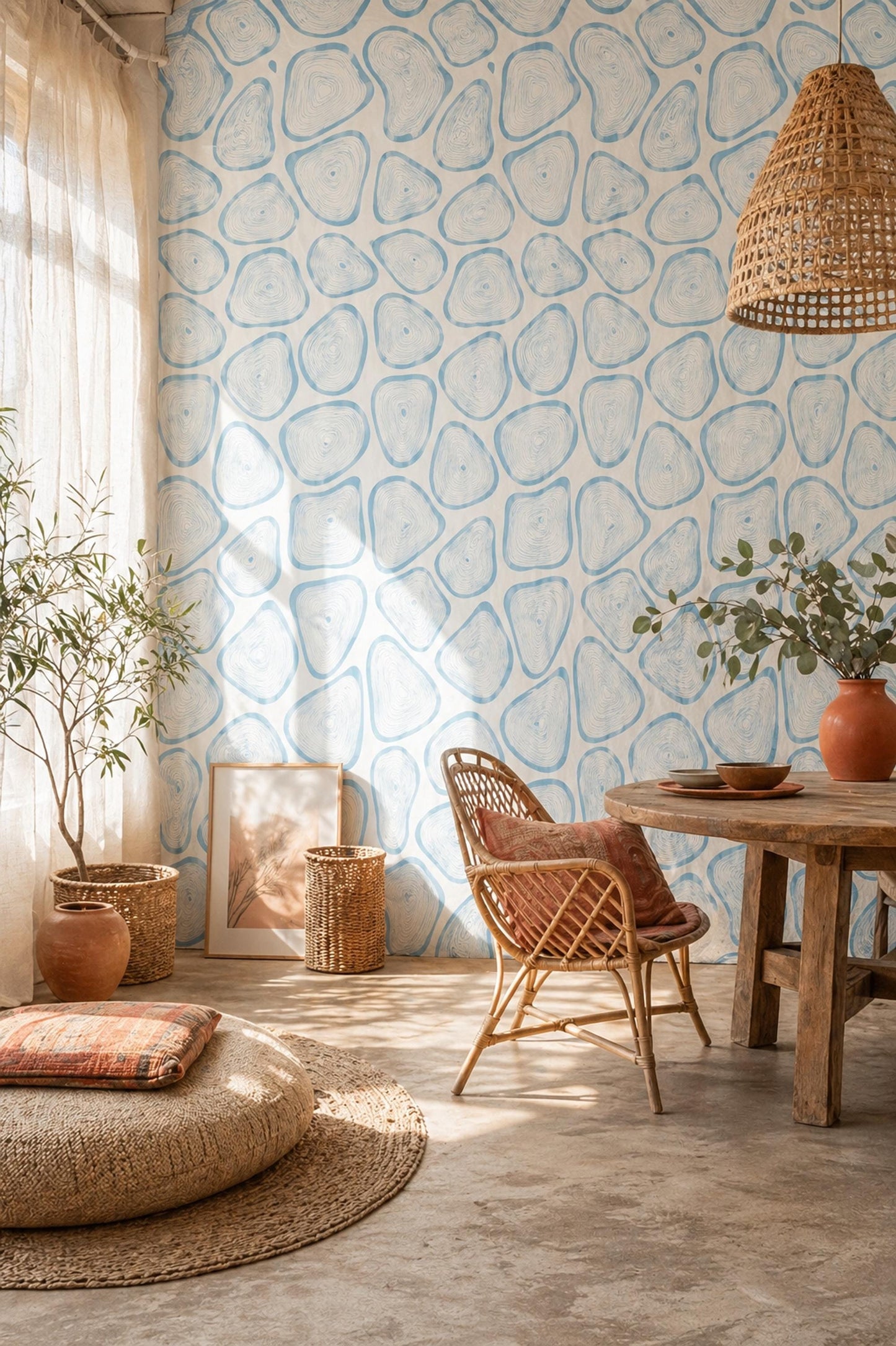 Abstract Organic Shapes Wallpaper Pattern Blue Coastal Pebble Modern Minimal Wall Decor
