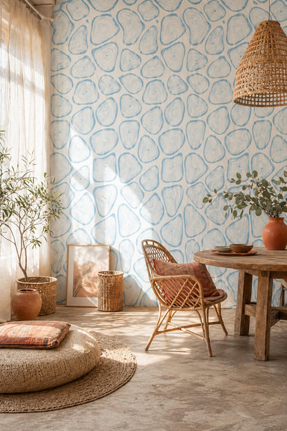Abstract Organic Shapes Wallpaper Pattern Blue Coastal Pebble Modern Minimal Wall Decor