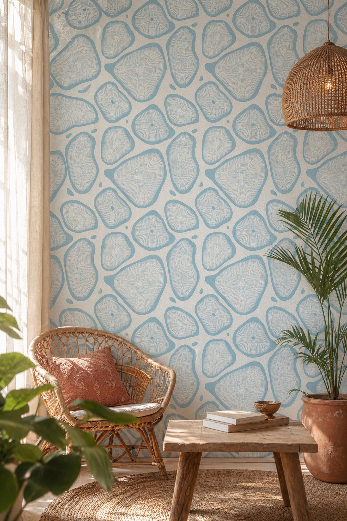 Abstract Organic Shapes Wallpaper Pattern Blue Coastal Pebble Modern Minimal Wall Decor