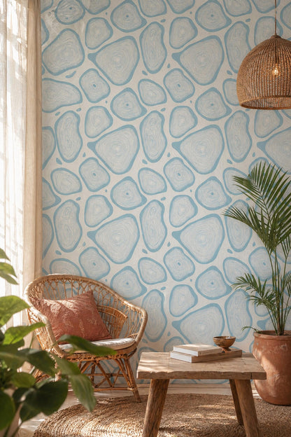 Abstract Organic Shapes Wallpaper Pattern Blue Coastal Pebble Modern Minimal Wall Decor