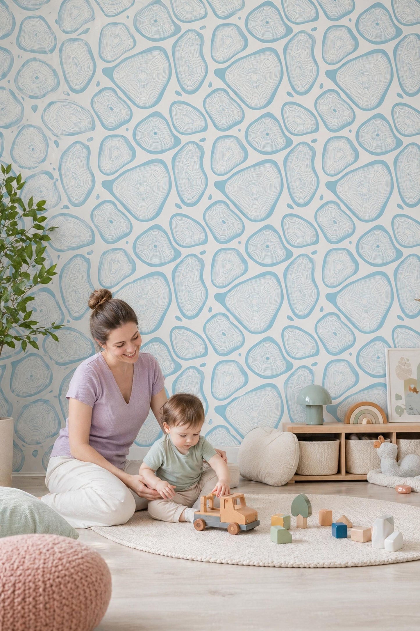 Abstract Organic Shapes Wallpaper Pattern Blue Coastal Pebble Modern Minimal Wall Decor