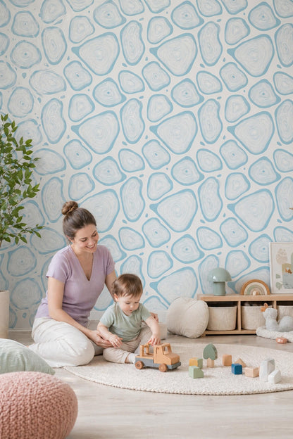 Abstract Organic Shapes Wallpaper Pattern Blue Coastal Pebble Modern Minimal Wall Decor