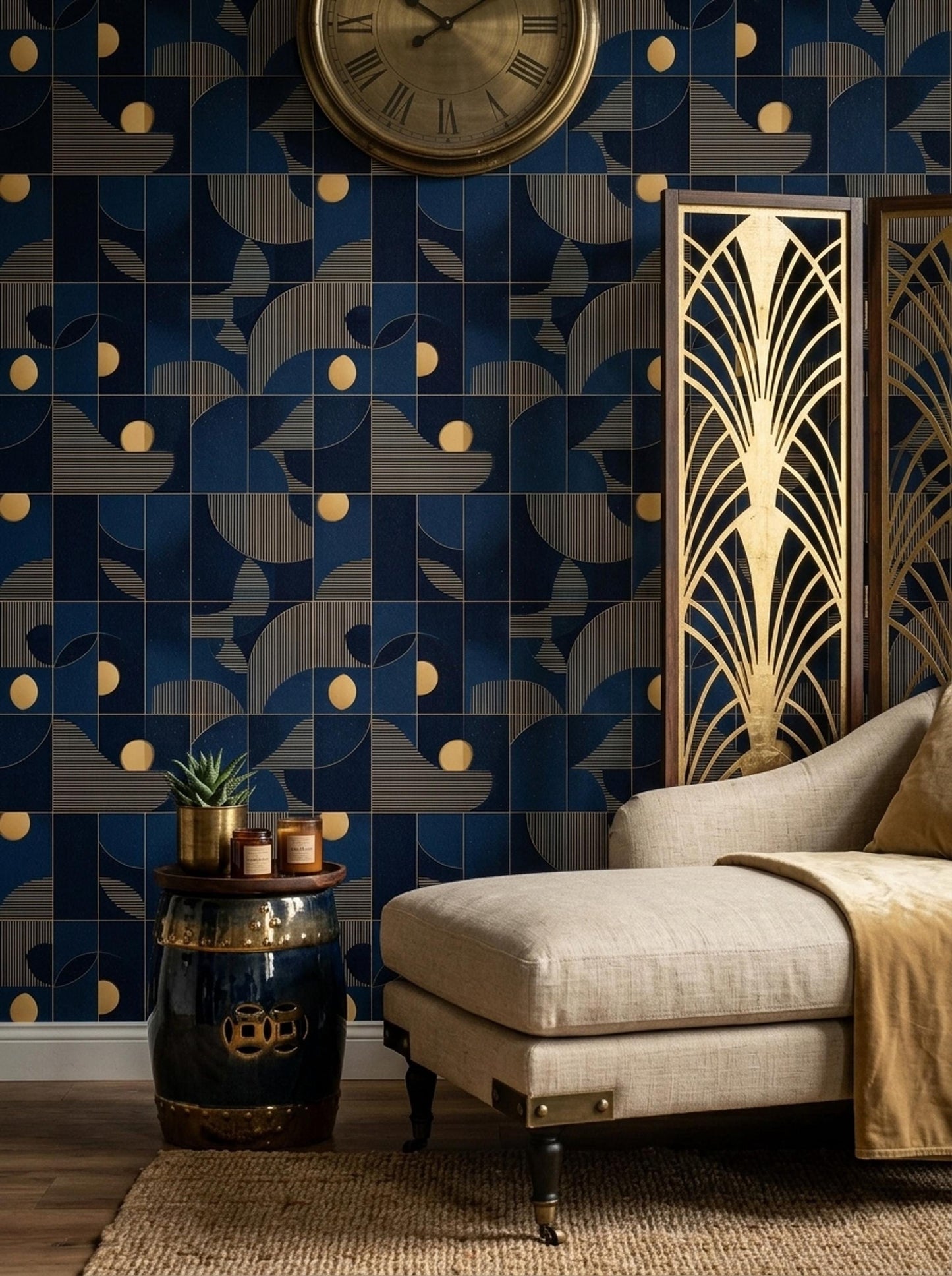 Art Deco Pattern Wallpaper Navy Blue Gold Geometric Seamless Repeat Modern Luxury Wall Decor