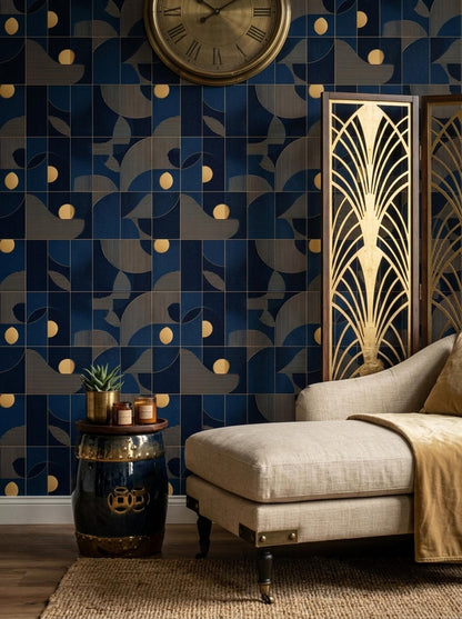 Art Deco Pattern Wallpaper Navy Blue Gold Geometric Seamless Repeat Modern Luxury Wall Decor