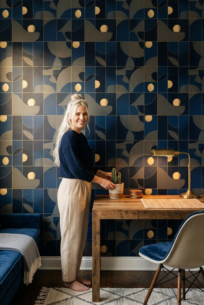 Art Deco Pattern Wallpaper Navy Blue Gold Geometric Seamless Repeat Modern Luxury Wall Decor