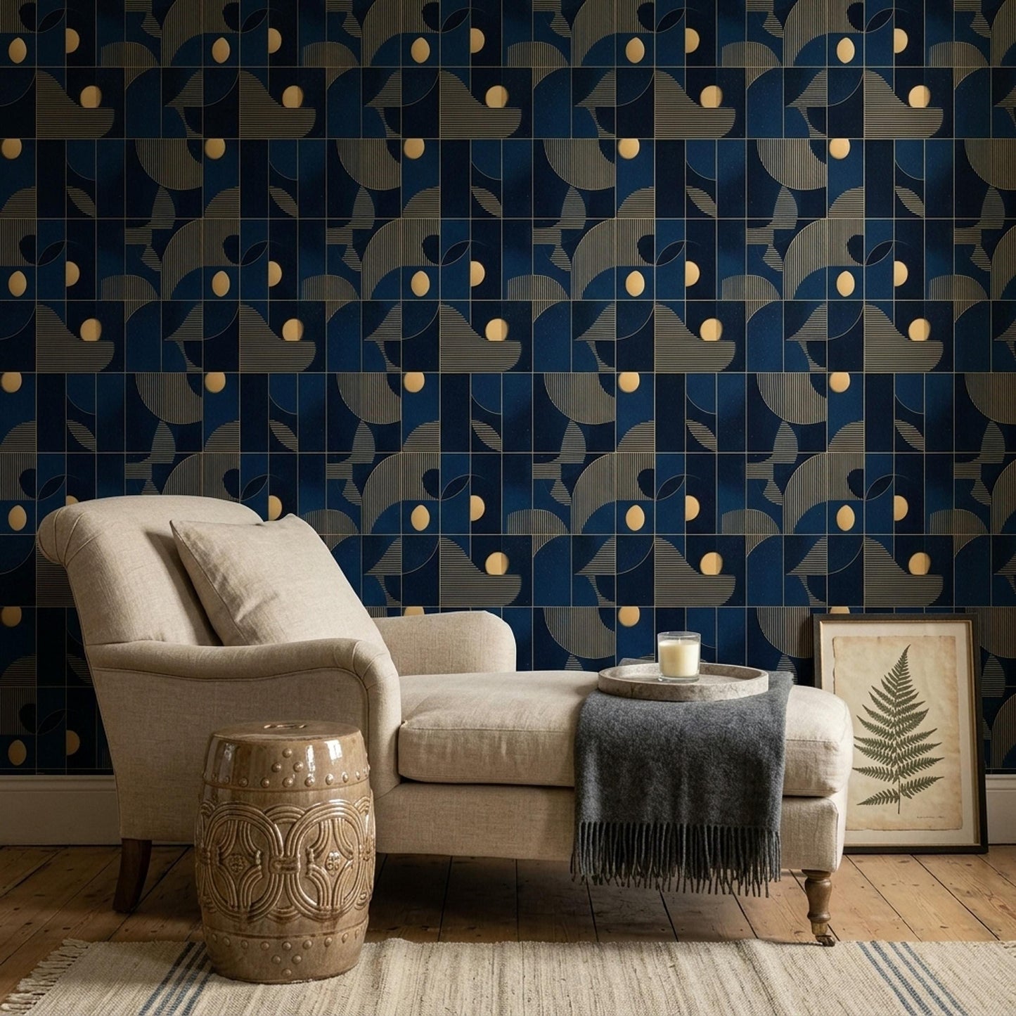 Art Deco Pattern Wallpaper Navy Blue Gold Geometric Seamless Repeat Modern Luxury Wall Decor