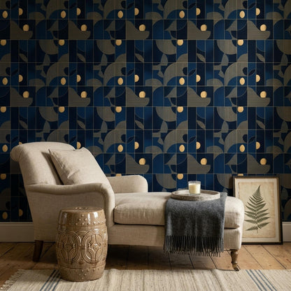 Art Deco Pattern Wallpaper Navy Blue Gold Geometric Seamless Repeat Modern Luxury Wall Decor