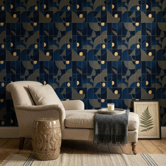 Art Deco Pattern Wallpaper Navy Blue Gold Geometric Seamless Repeat Modern Luxury Wall Decor