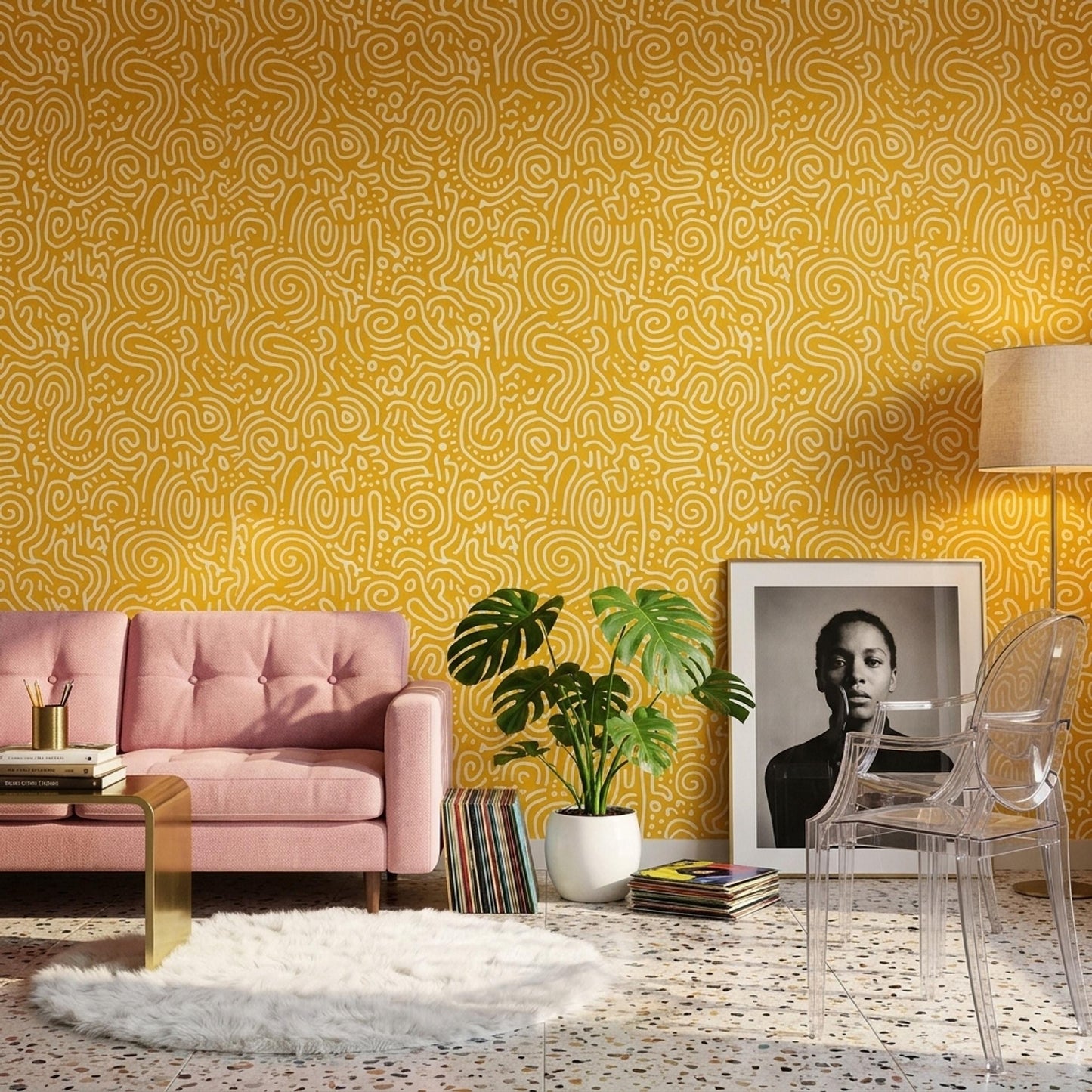 Abstract Squiggle Pattern Wallpaper Mustard Yellow Modern Seamless Repeat Retro Playful Wall Decor