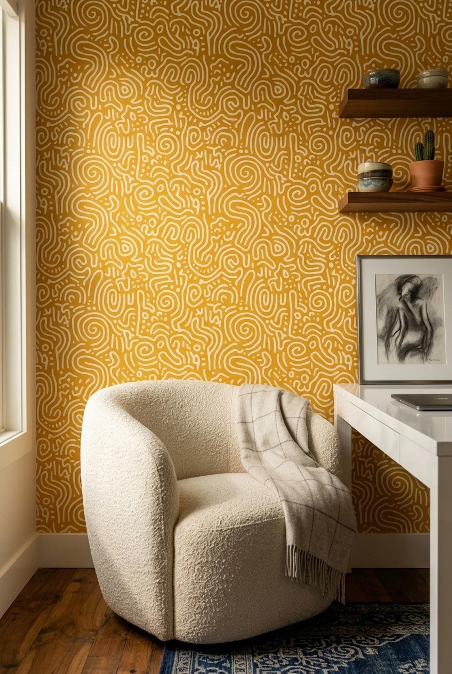 Abstract Squiggle Pattern Wallpaper Mustard Yellow Modern Seamless Repeat Retro Playful Wall Decor