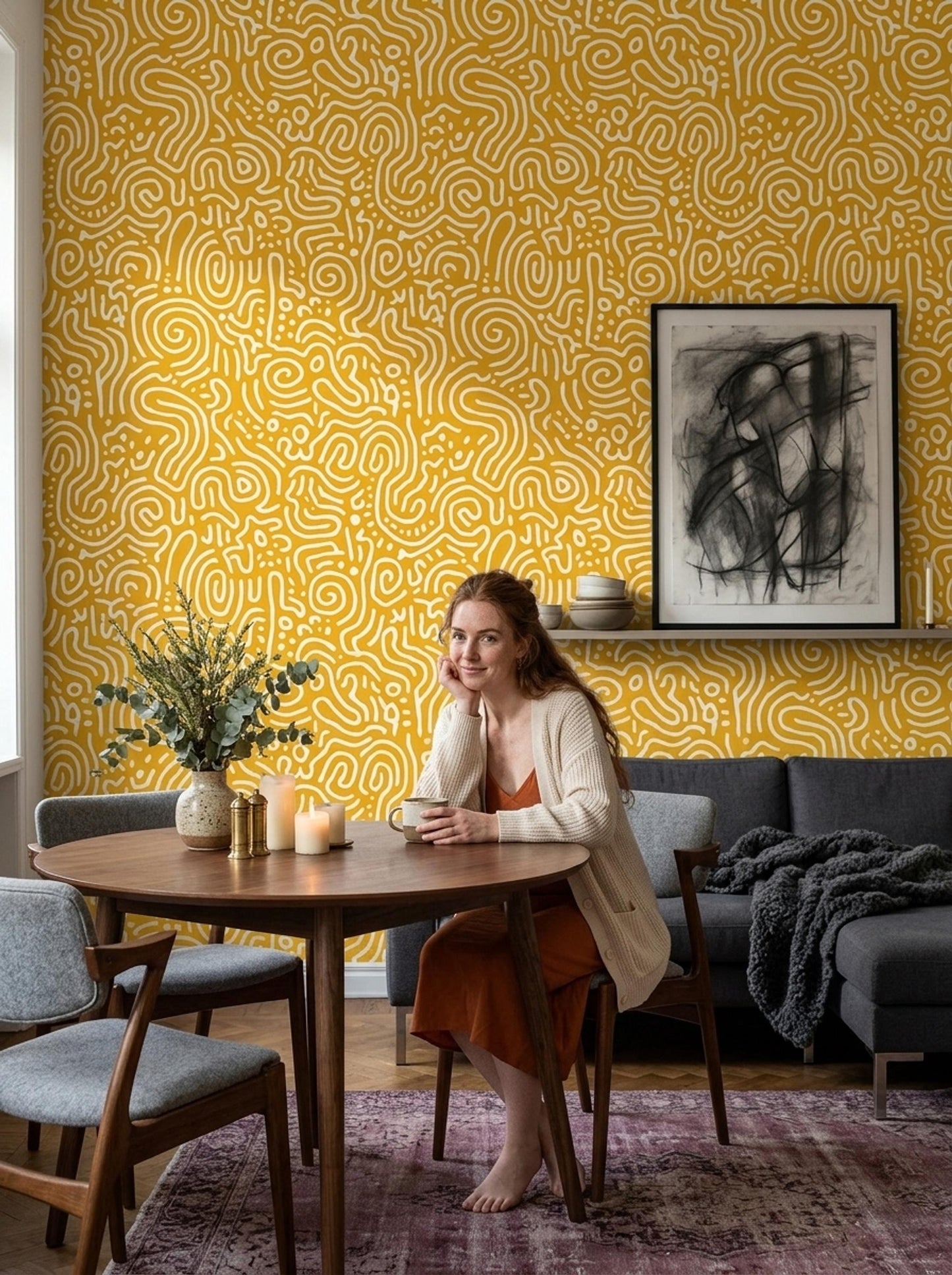 Abstract Squiggle Pattern Wallpaper Mustard Yellow Modern Seamless Repeat Retro Playful Wall Decor