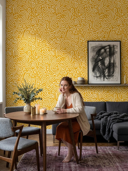 Abstract Squiggle Pattern Wallpaper Mustard Yellow Modern Seamless Repeat Retro Playful Wall Decor
