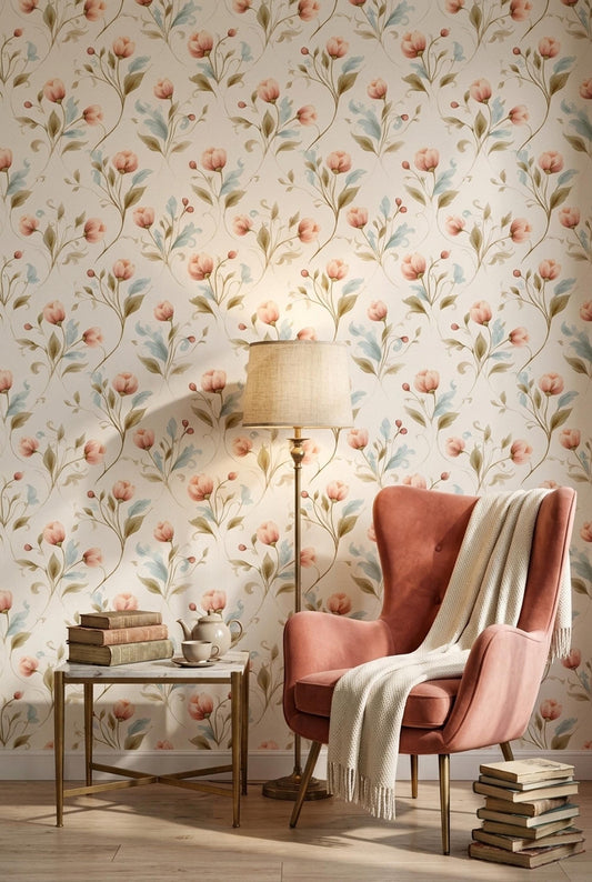 Vintage Soft Blossom Pattern Wallpaper Seamless Repeat Pastel Classic Elegant Wall Decor