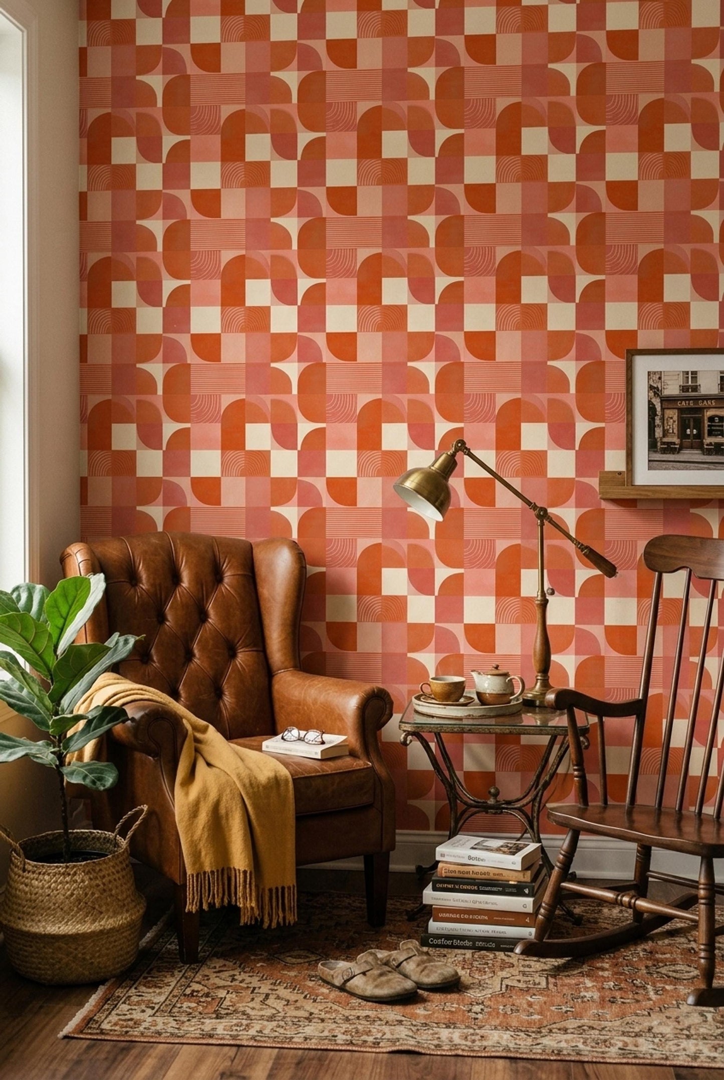 Retro Geometric Checkered Wallpaper Seamless Mid Century Modern Orange Pattern Wall Decor