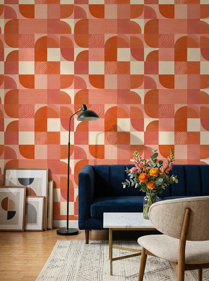 Retro Geometric Checkered Wallpaper Seamless Mid Century Modern Orange Pattern Wall Decor