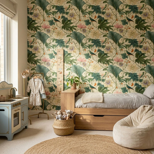 Vintage Storybook Botanical Wallpaper Seamless Pattern Whimsical Garden Birds Nature Wall Decor