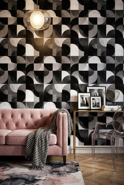 Modern Architectural Wallpaper Seamless Abstract Grid Pattern Black Neutral Luxury Wall Design