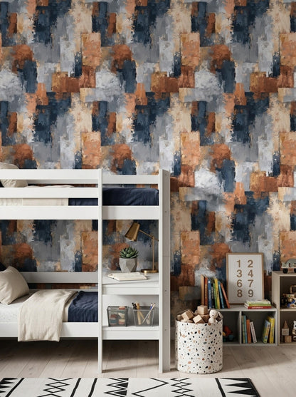 Abstract Paint Texture Wallpaper Pattern Blue Gray Rust Modern Artistic Wall Decor