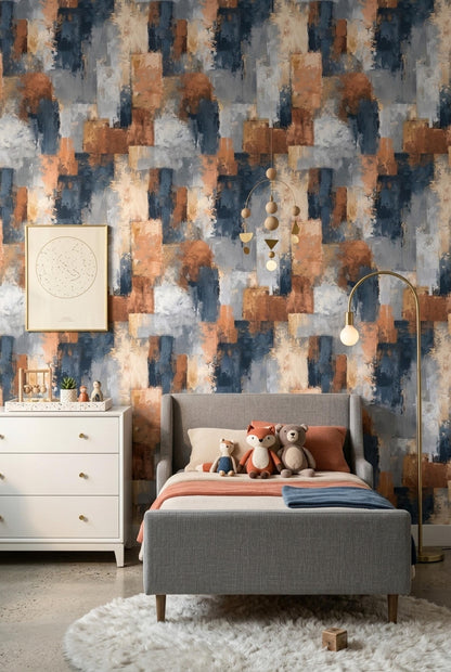 Abstract Paint Texture Wallpaper Pattern Blue Gray Rust Modern Artistic Wall Decor
