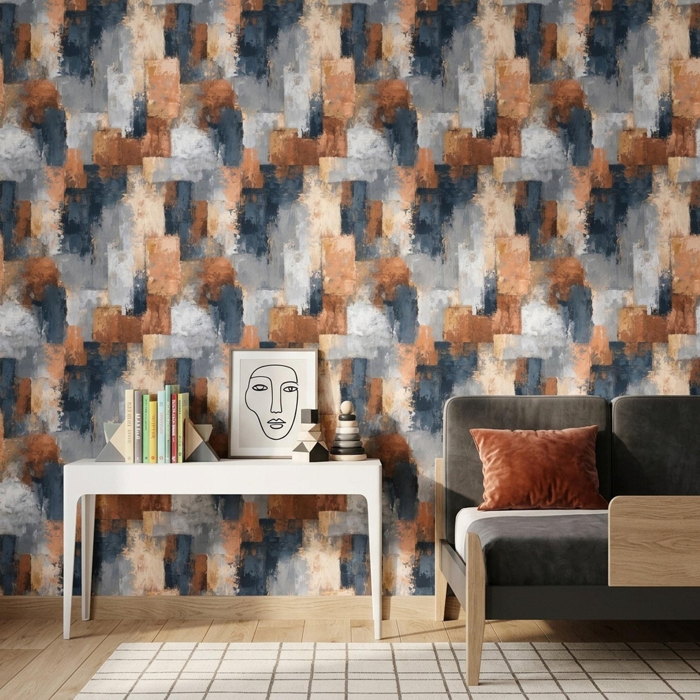 Abstract Paint Texture Wallpaper Pattern Blue Gray Rust Modern Artistic Wall Decor
