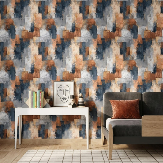 Abstract Paint Texture Wallpaper Pattern Blue Gray Rust Modern Artistic Wall Decor