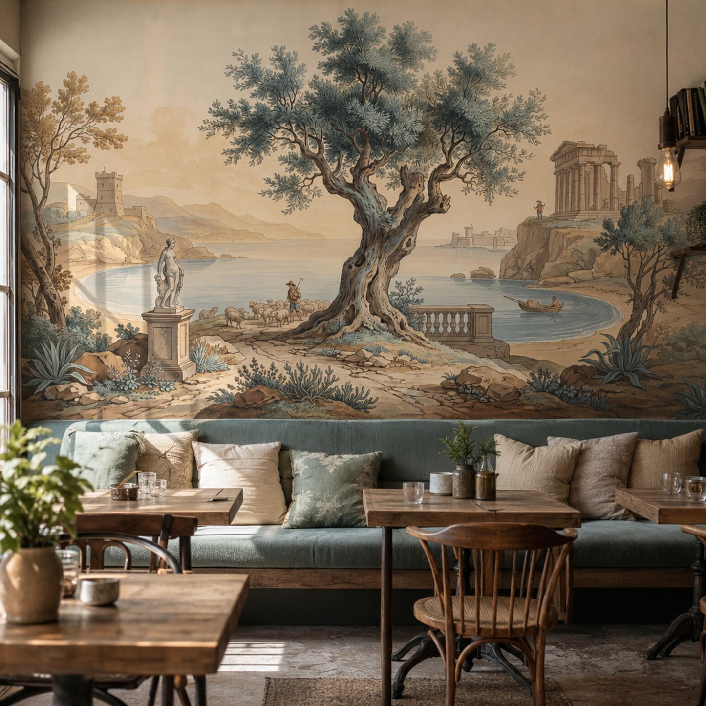 Vintage Mediterranean Landscape Wall Mural Olive Tree Coastal Scene Classical Art Wallpaper