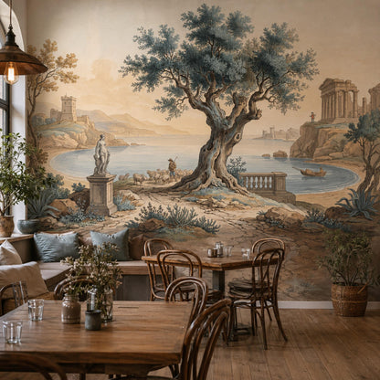 Vintage Mediterranean Landscape Wall Mural Olive Tree Coastal Scene Classical Art Wallpaper