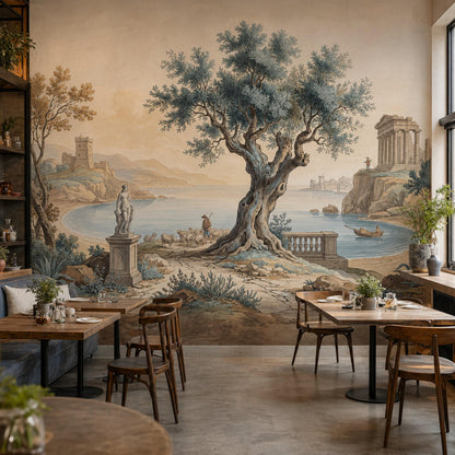 Vintage Mediterranean Landscape Wall Mural Olive Tree Coastal Scene Classical Art Wallpaper