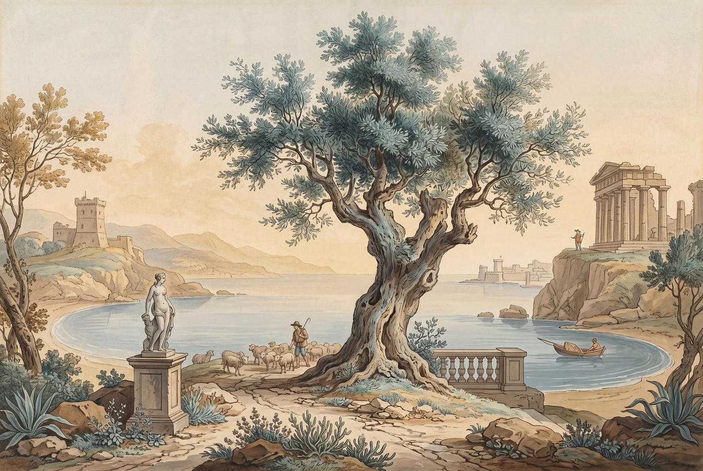 Vintage Mediterranean Landscape Wall Mural Olive Tree Coastal Scene Classical Art Wallpaper