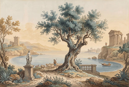Vintage Mediterranean Landscape Wall Mural Olive Tree Coastal Scene Classical Art Wallpaper