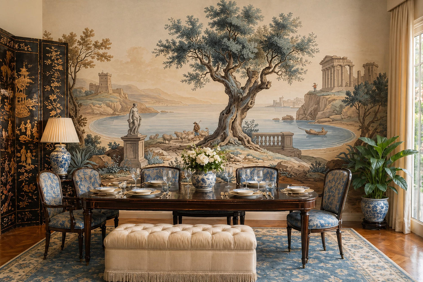 Vintage Mediterranean Landscape Wall Mural Olive Tree Coastal Scene Classical Art Wallpaper