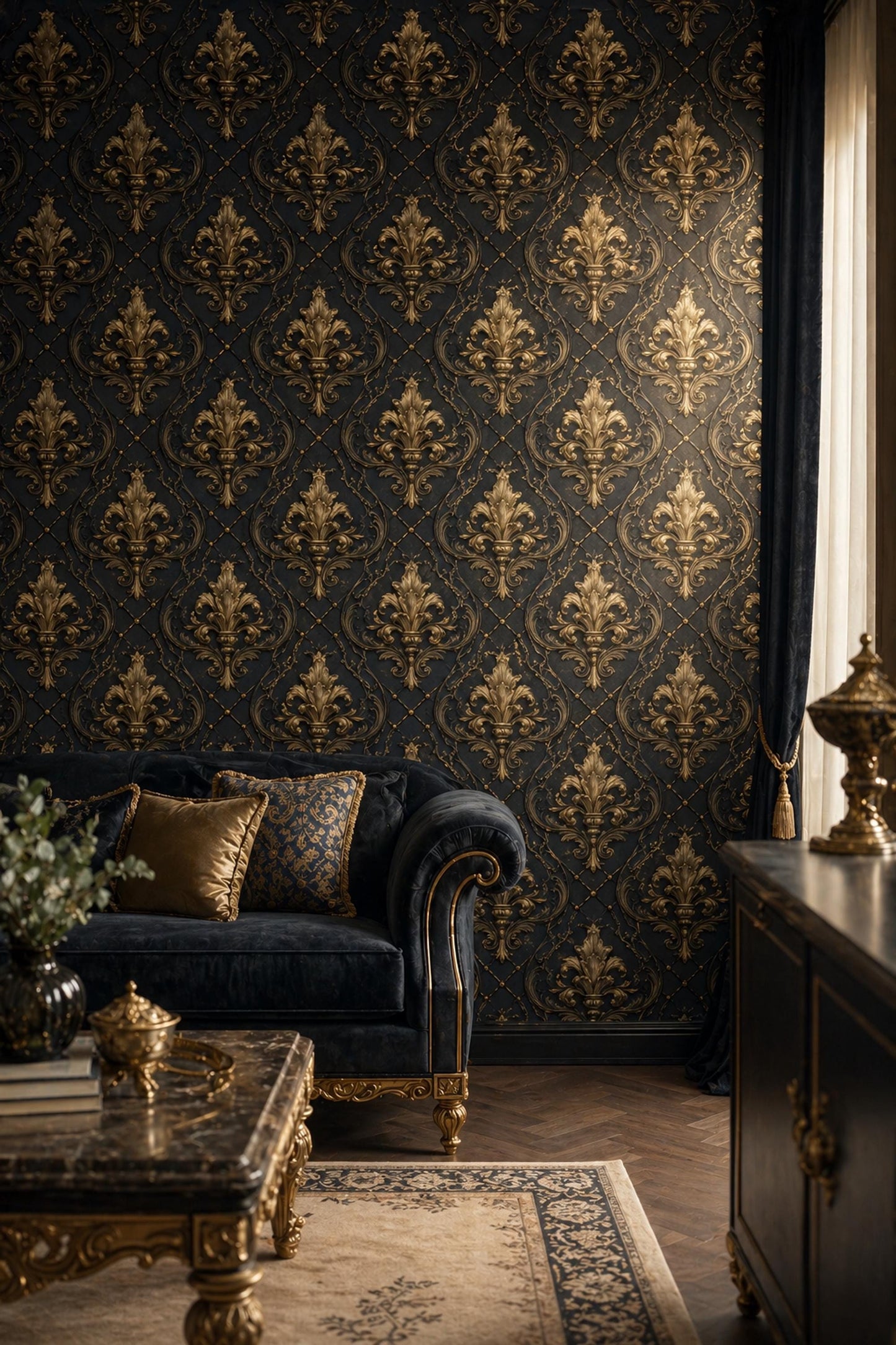 Luxury Baroque Wallpaper Pattern Gold Ornamental Damask Dark Elegant Classic Wall Decor