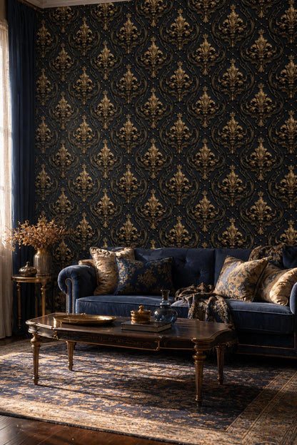 Luxury Baroque Wallpaper Pattern Gold Ornamental Damask Dark Elegant Classic Wall Decor